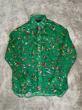 Ralph Lauren AOP Green Linen Sailboat Regatta Button Down Shirt Men’s Medium